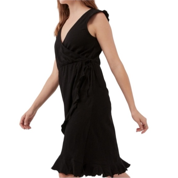 PACT Easy Wrap Dress S Organic Cotton Black Ruffle Beach Minimalist Lightweight - Picture 2 of 12